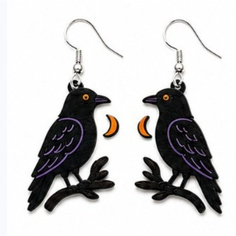 New Halloween Black Crow Raven Crescent Moon Acrylic Dangle Earrings